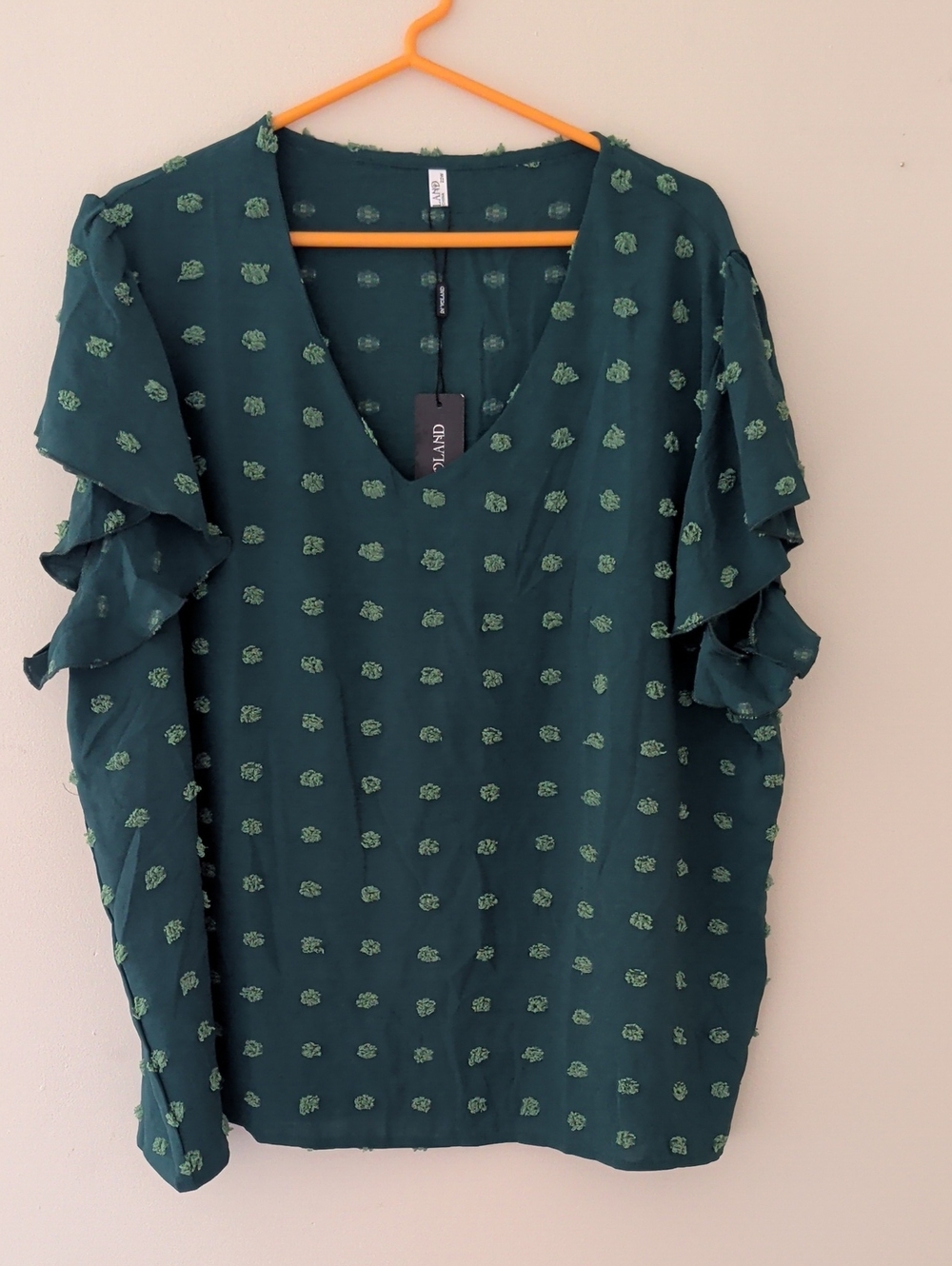 Dark Green Ruffle Sleeve V-Neck Blouse